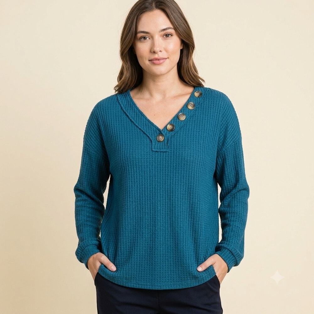 162-Zenana Waffle Henley Top size M / PTP 23”